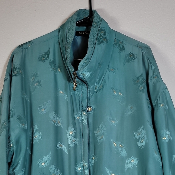 Vintage 80s 100% Silk Bomber Jacket XL Teal Gold Feather Embroidered Zip - Picture 3 of 16